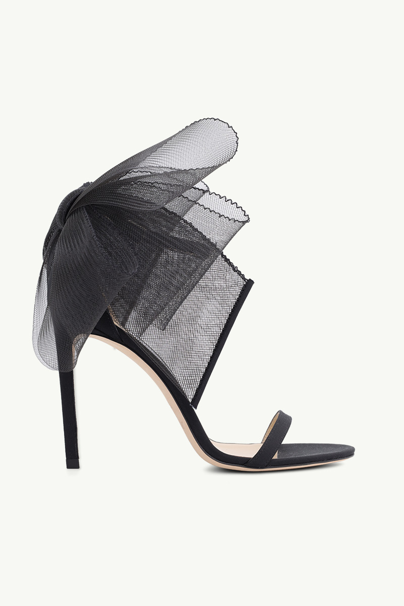 JIMMY CHOO Aveline Ankle Strap Sandals 100mm in Black with Aysmmetric Mesh Fascinator Bows 0