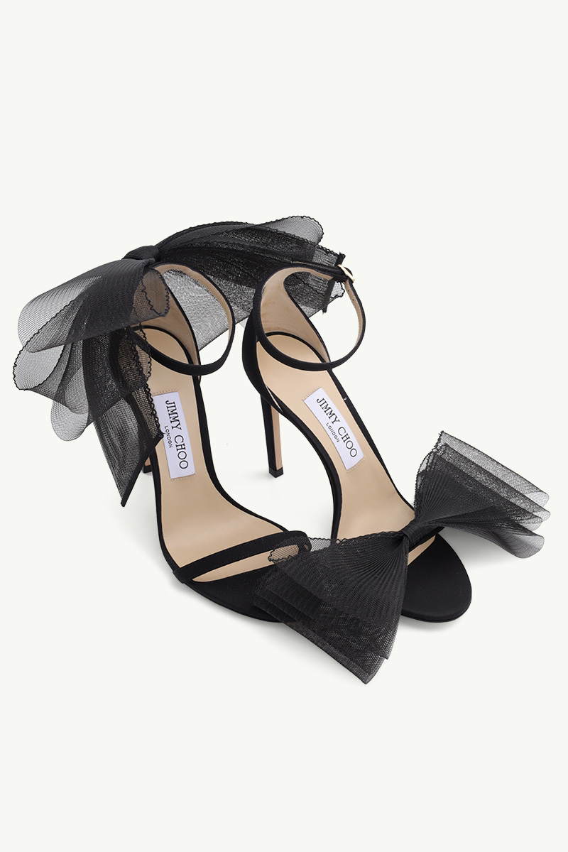 JIMMY CHOO Aveline Ankle Strap Sandals 100mm in Black with Aysmmetric Mesh Fascinator Bows 1