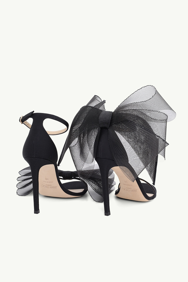 JIMMY CHOO Aveline Ankle Strap Sandals 100mm in Black with Aysmmetric Mesh Fascinator Bows 2