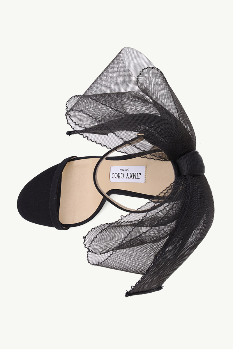 JIMMY CHOO Aveline Ankle Strap Sandals 100mm in Black with Aysmmetric Mesh Fascinator Bows 3