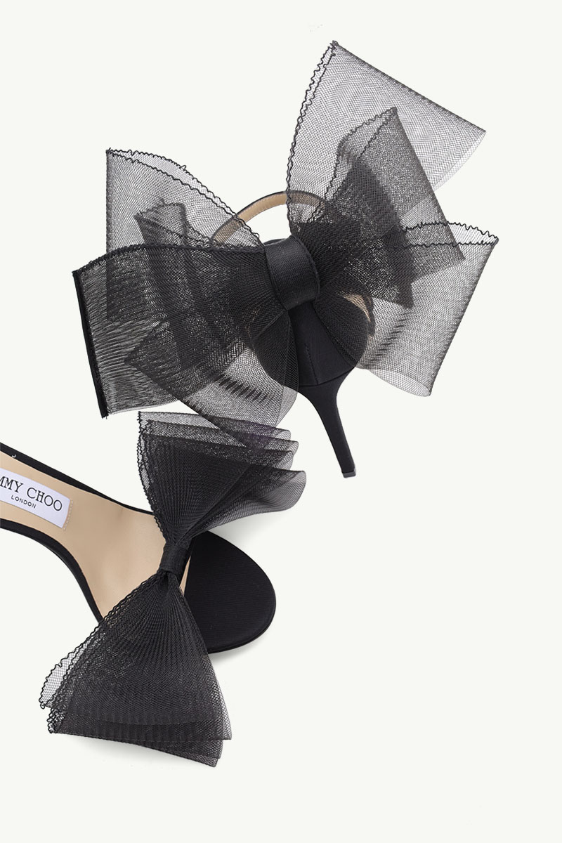 JIMMY CHOO Aveline Ankle Strap Sandals 100mm in Black with Aysmmetric Mesh Fascinator Bows 4