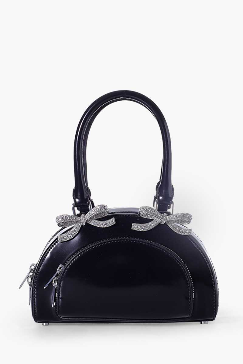 SELF-PORTRAIT Mini Curved Diamanté Bows Top Handle Tote Bag in Black Leather 0