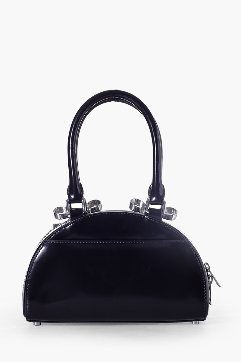 SELF-PORTRAIT Mini Curved Diamanté Bows Top Handle Tote Bag in Black Leather 1
