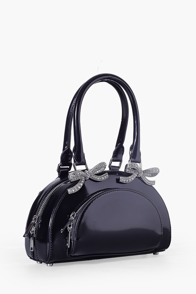 SELF-PORTRAIT Mini Curved Diamanté Bows Top Handle Tote Bag in Black Leather 2