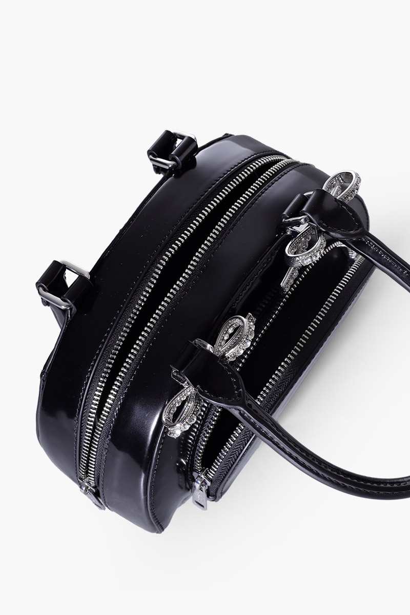 SELF-PORTRAIT Mini Curved Diamanté Bows Top Handle Tote Bag in Black Leather 3