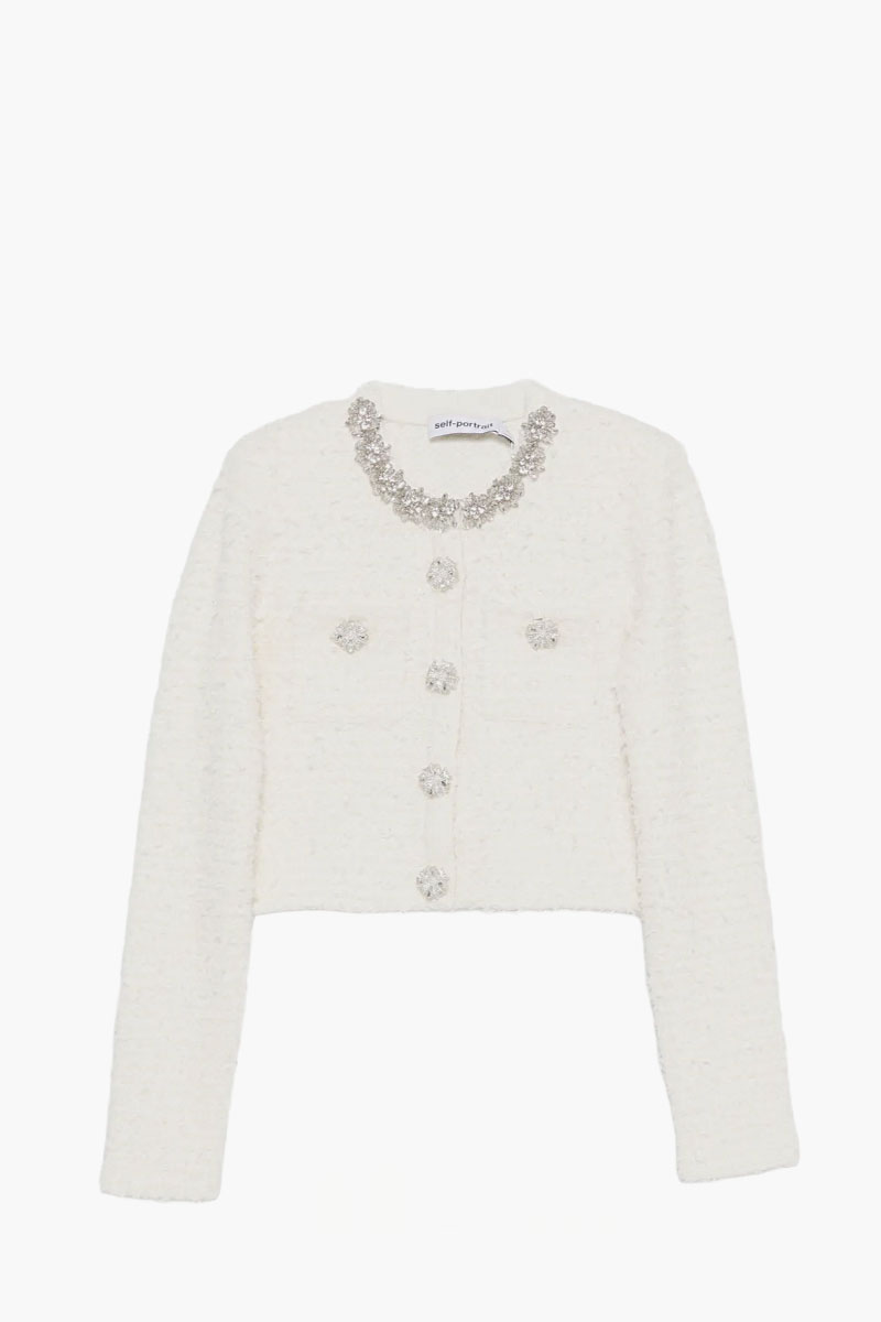 SELF-PORTRAIT Women Textured Knit Cardigan in Cream Cotton with Crystal Trim 0