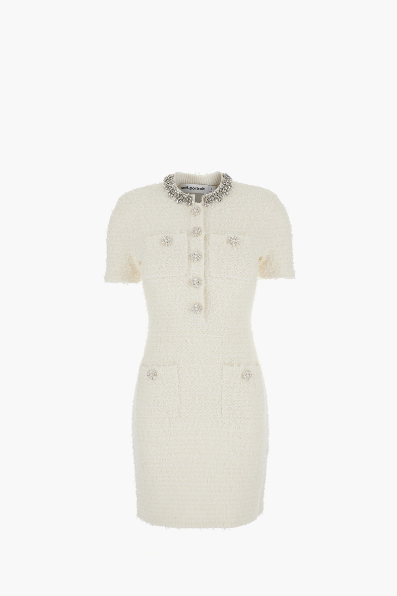 SELF-PORTRAIT Women Textured Knit Mini Dress in Cream Cotton with Crystal Trim 0