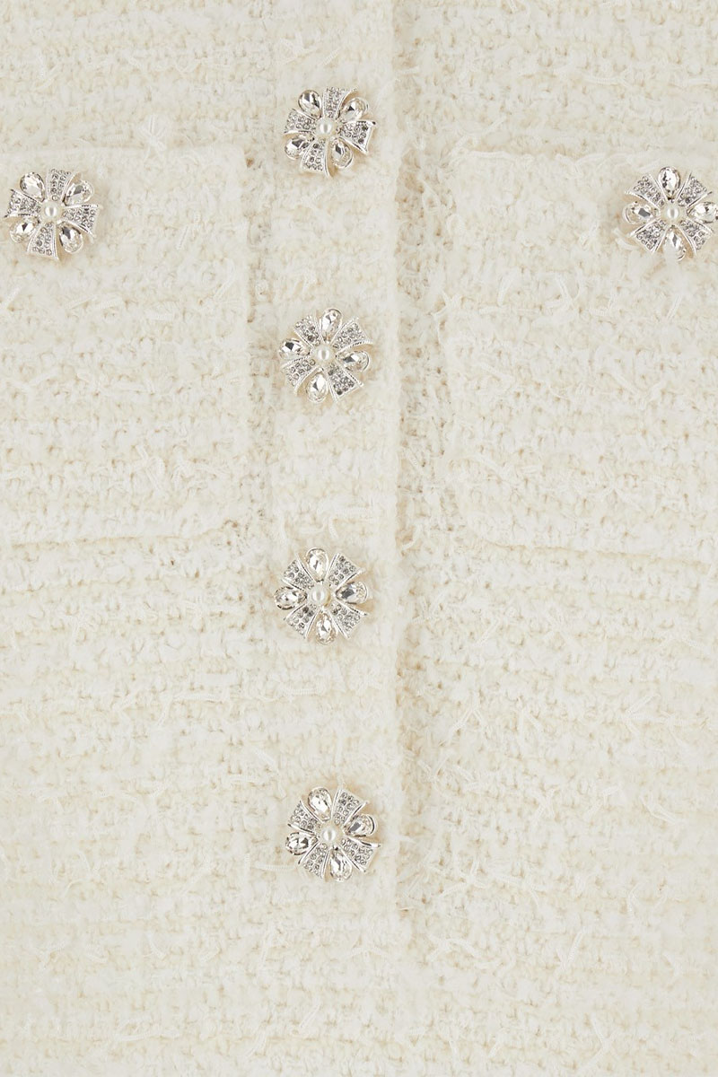 SELF-PORTRAIT Women Textured Knit Mini Dress in Cream Cotton with Crystal Trim 2
