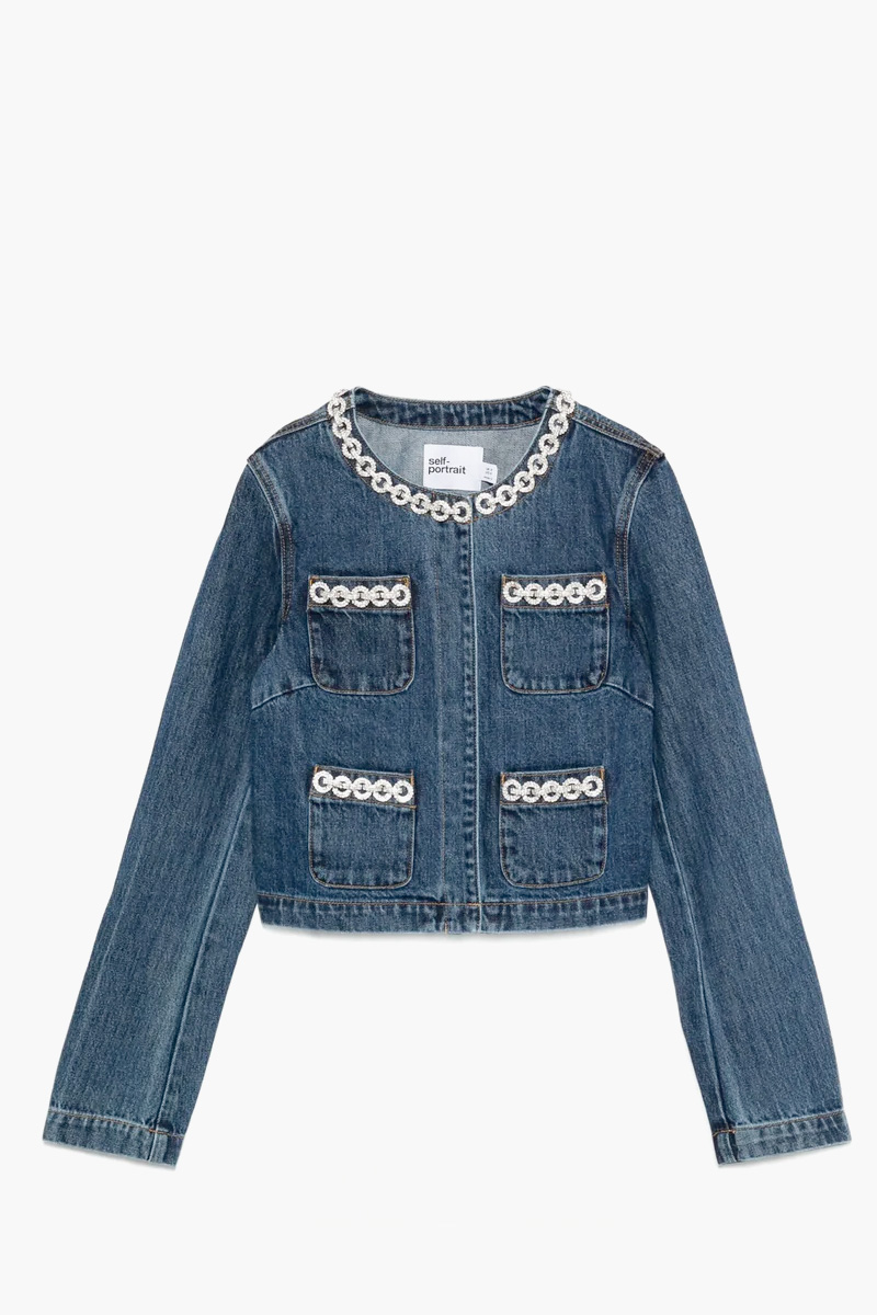 SELF-PORTRAIT Women Cropped Denim Jacket in Blue Cotton with Crystal Trim 0