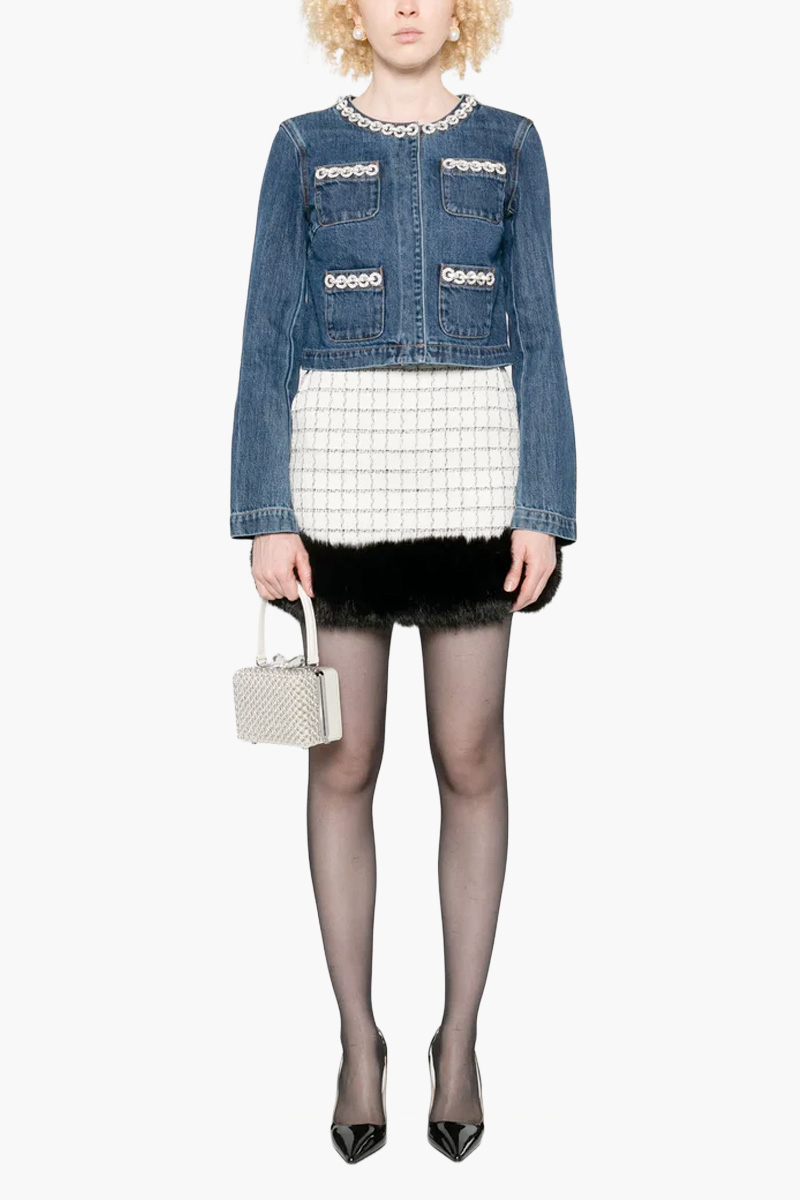 SELF-PORTRAIT Women Cropped Denim Jacket in Blue Cotton with Crystal Trim 1
