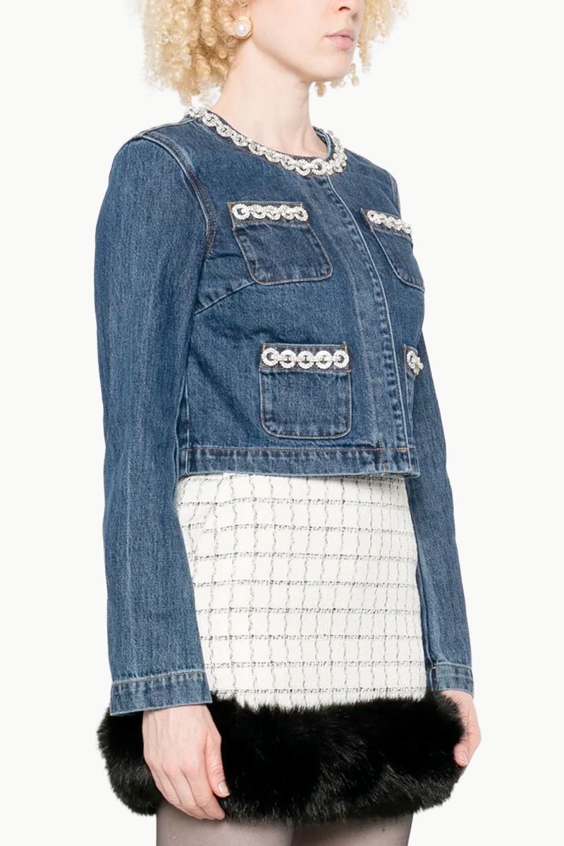 SELF-PORTRAIT Women Cropped Denim Jacket in Blue Cotton with Crystal Trim 2