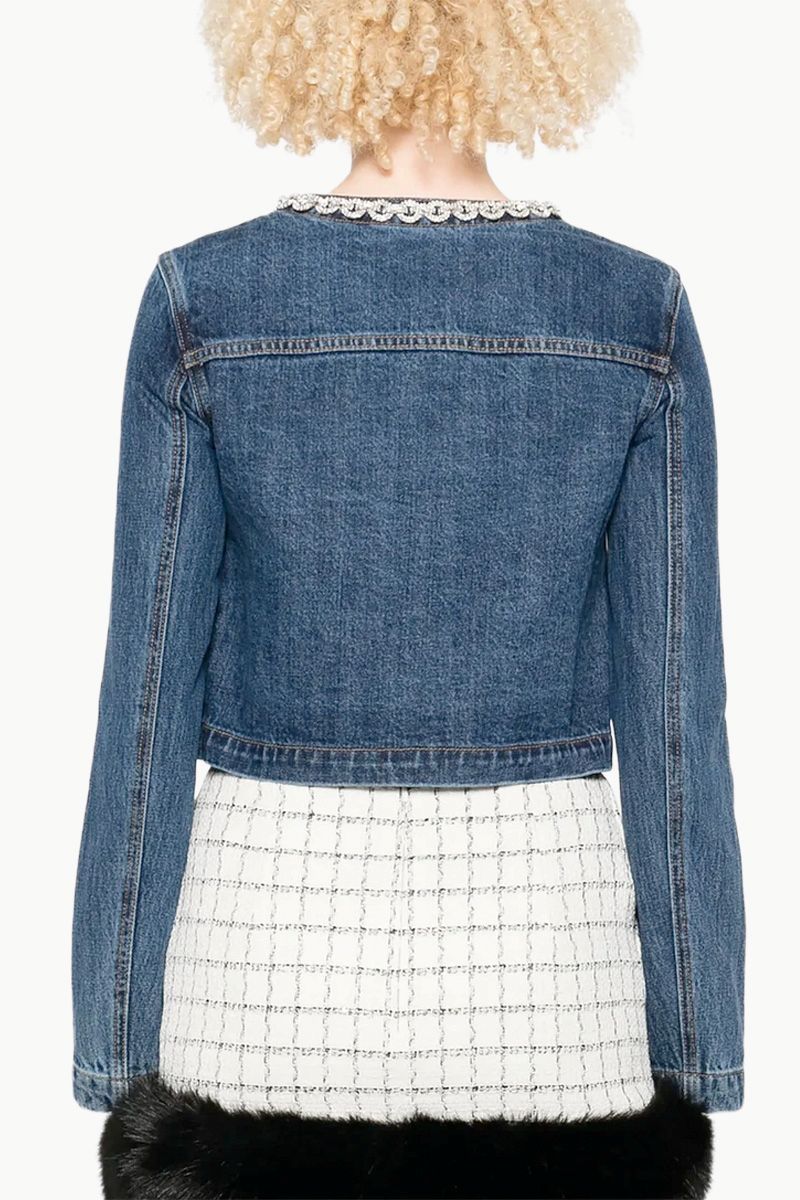 SELF-PORTRAIT Women Cropped Denim Jacket in Blue Cotton with Crystal Trim 3