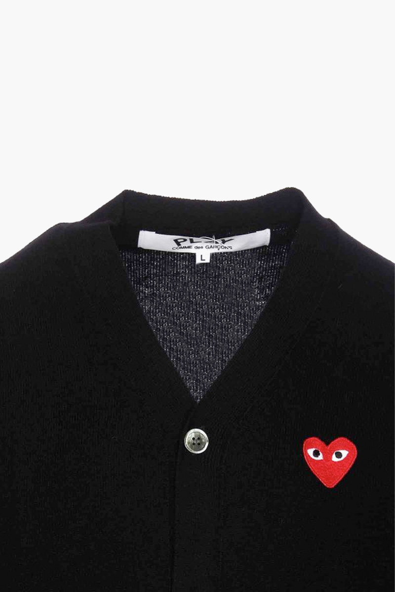 COMME DES GARCONS Men Play Logo Patch V Neck Cardigan in Black Wool 2