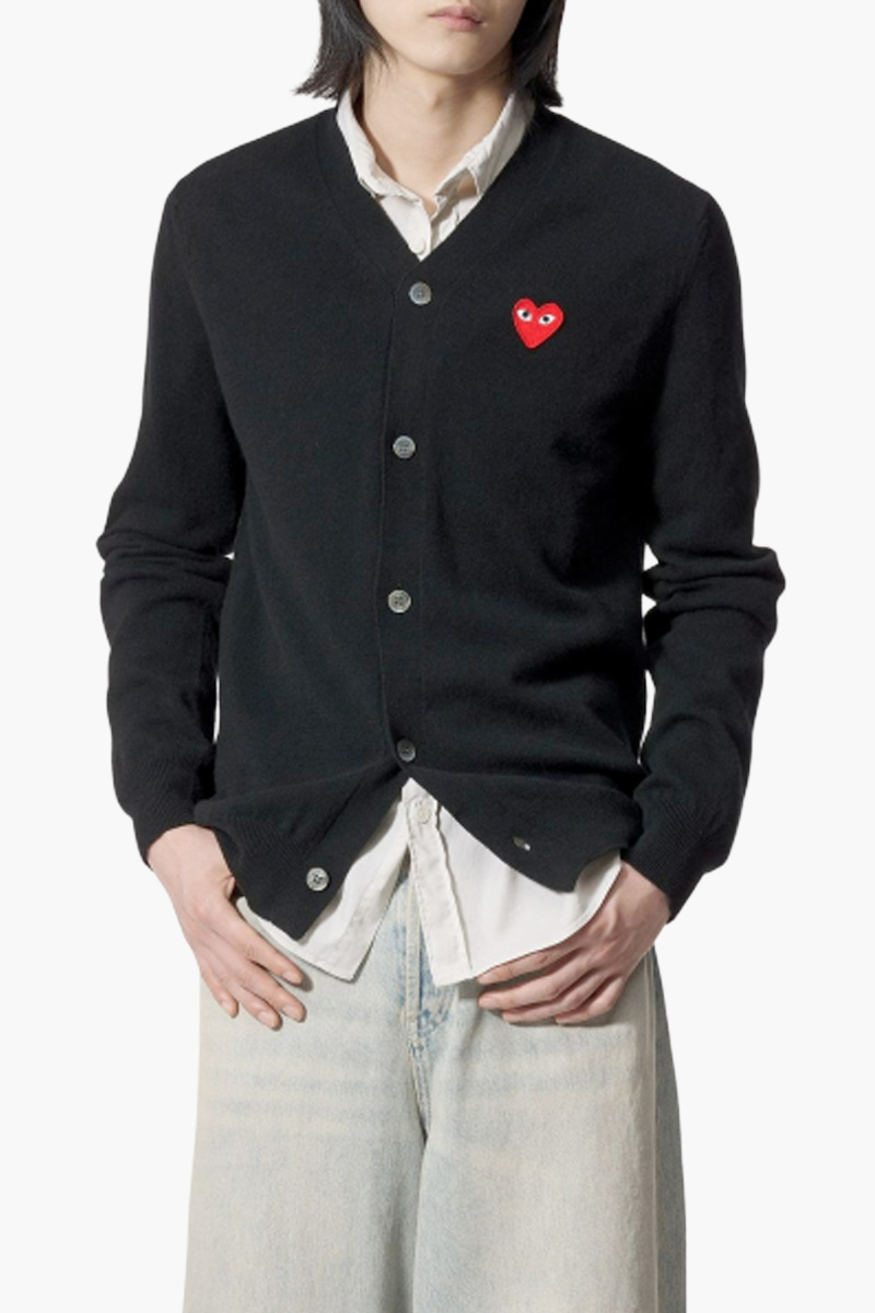 COMME DES GARCONS Men Play Logo Patch V Neck Cardigan in Black Wool 3