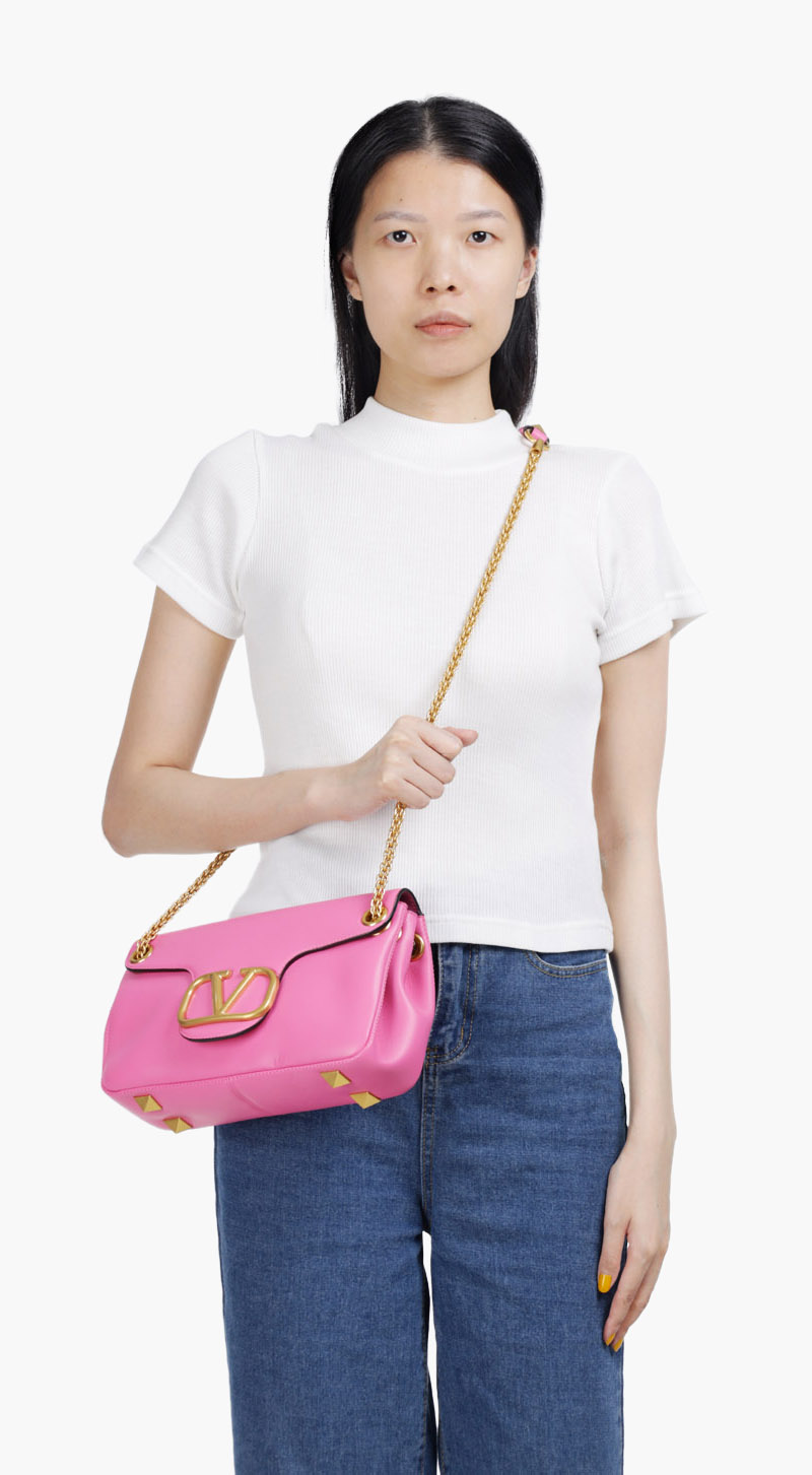 VALENTINO Stud Sign Nappa VLogo Shoulder Bag in Pink 4