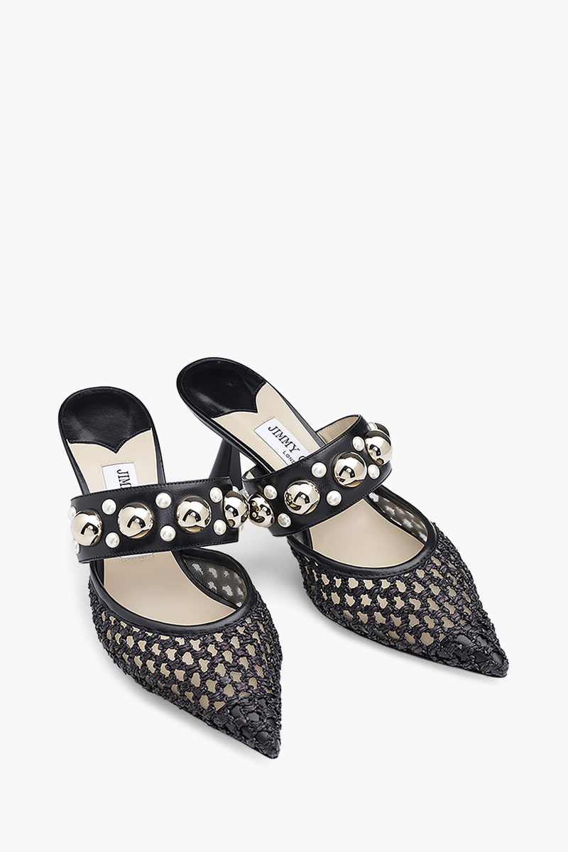 JIMMY CHOO Basette Mules 65mm in Black Woven Raffia Net with Pearls x Studs 1