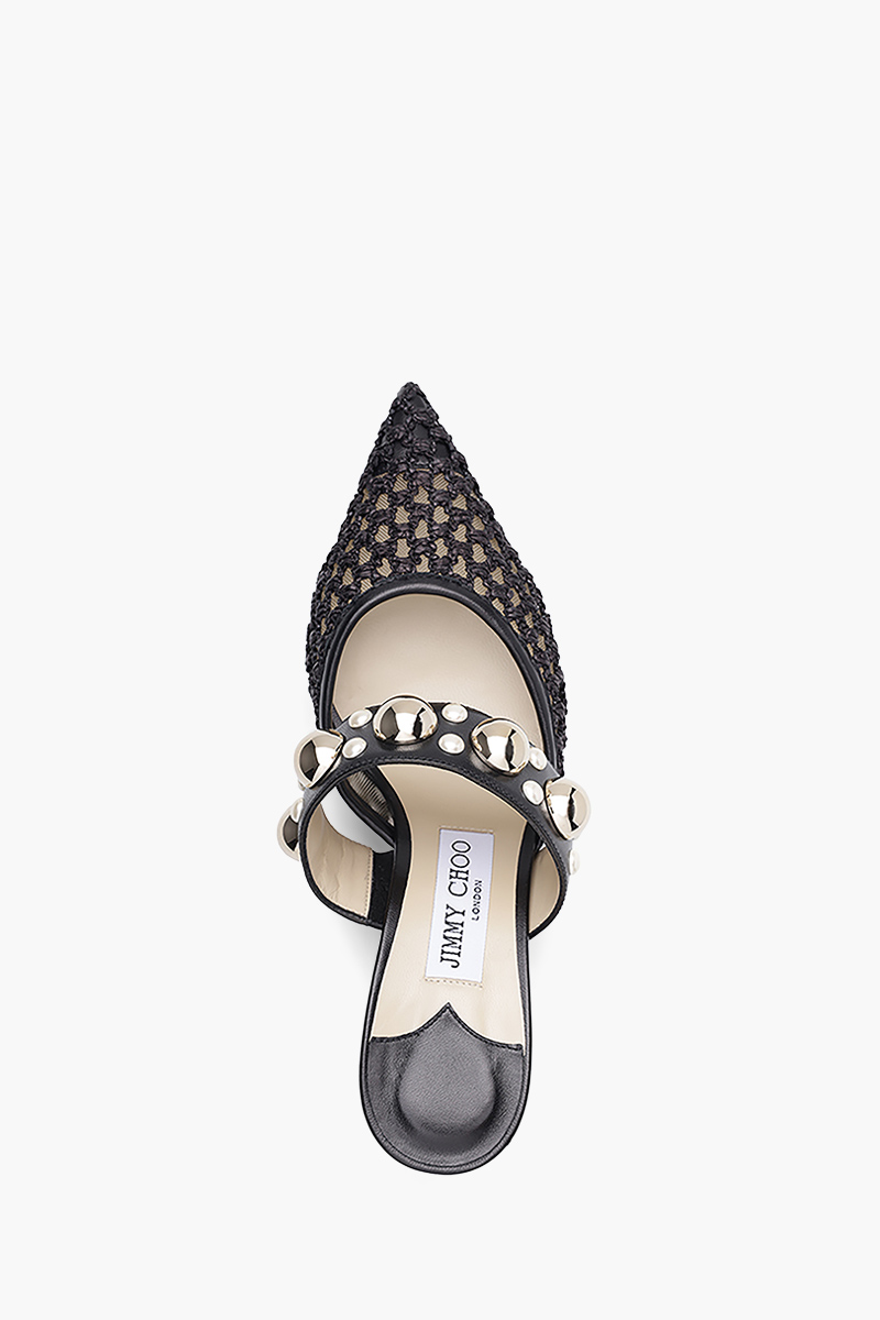 JIMMY CHOO Basette Mules 65mm in Black Woven Raffia Net with Pearls x Studs 3