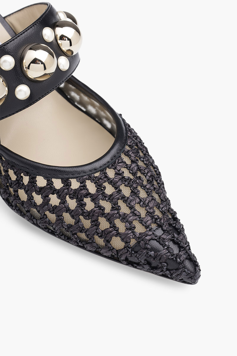 JIMMY CHOO Basette Mules 65mm in Black Woven Raffia Net with Pearls x Studs 4