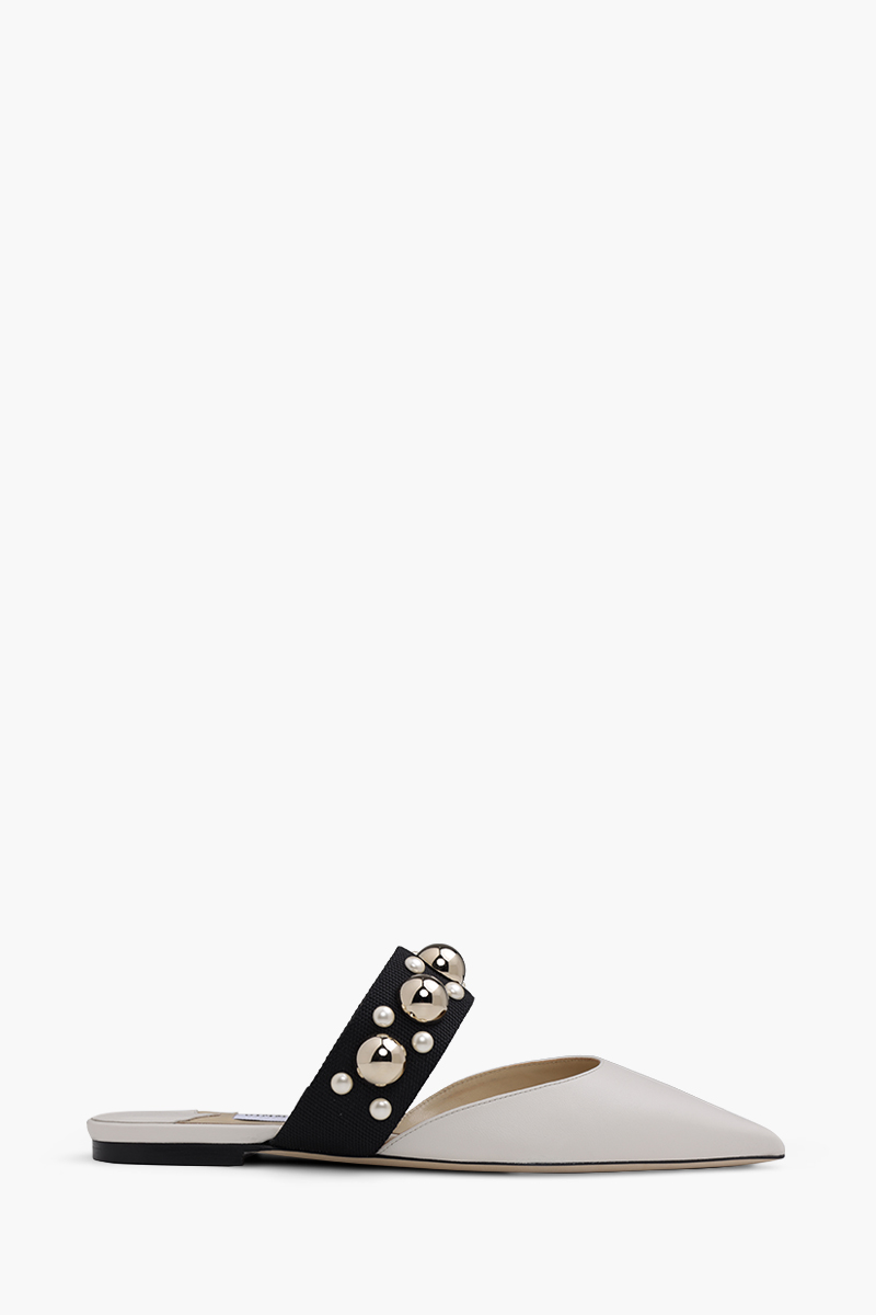 JIMMY CHOO Basette Pointed Toe Flat in Latte/Black/Gold Mix with Pearl and Stud Strap 0