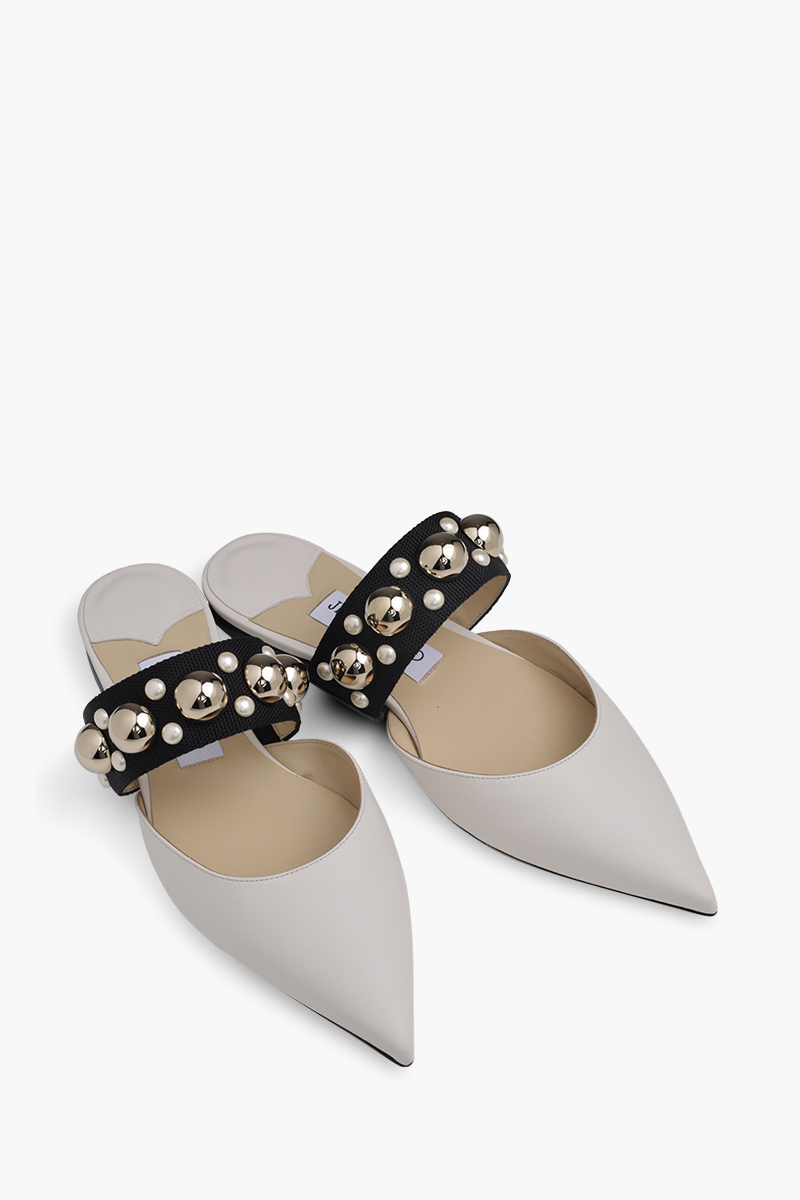 JIMMY CHOO Basette Pointed Toe Flat in Latte/Black/Gold Mix with Pearl and Stud Strap 1