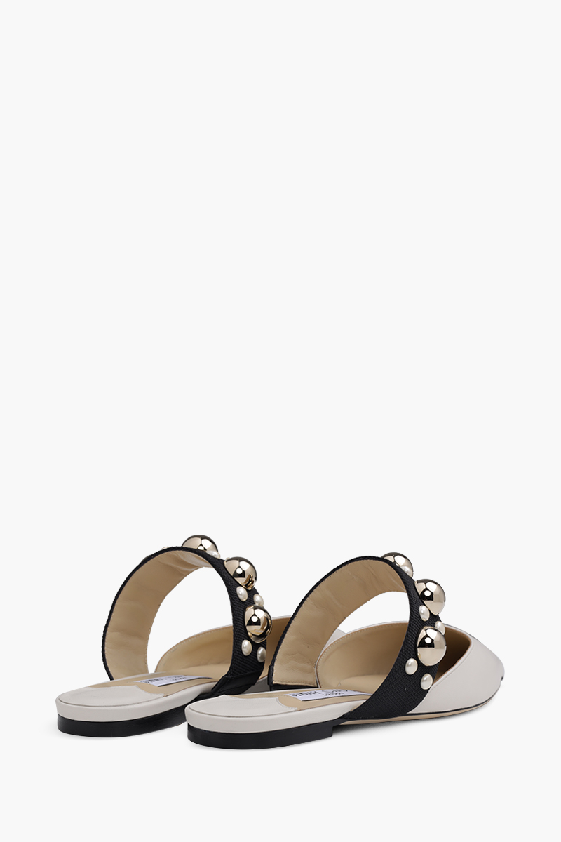 JIMMY CHOO Basette Pointed Toe Flat in Latte/Black/Gold Mix with Pearl and Stud Strap 2