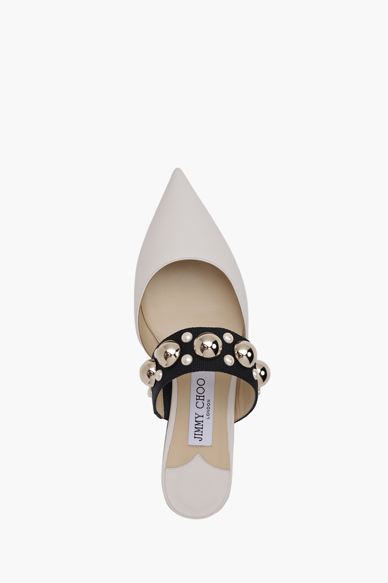 JIMMY CHOO Basette Pointed Toe Flat in Latte/Black/Gold Mix with Pearl and Stud Strap 3