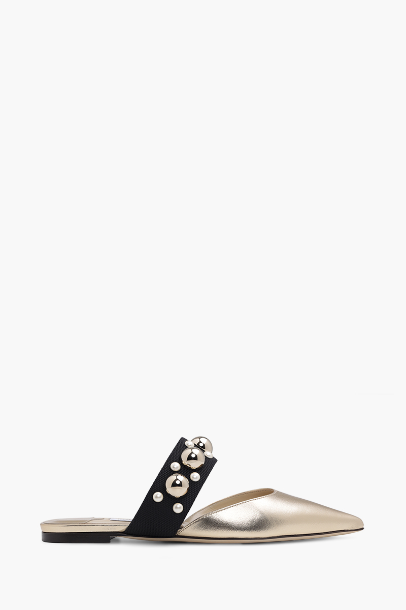 JIMMY CHOO Basette Pointed Toe Flat in Gold/Gold Mix with Pearl and Stud Strap 0