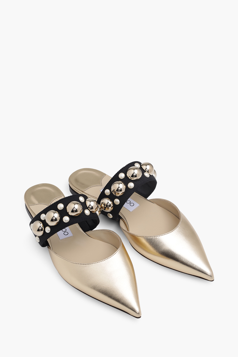 JIMMY CHOO Basette Pointed Toe Flat in Gold/Gold Mix with Pearl and Stud Strap 1