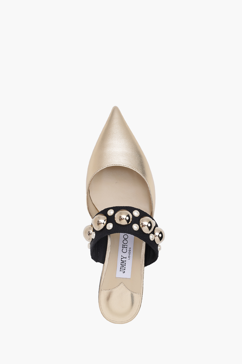 JIMMY CHOO Basette Pointed Toe Flat in Gold/Gold Mix with Pearl and Stud Strap 3