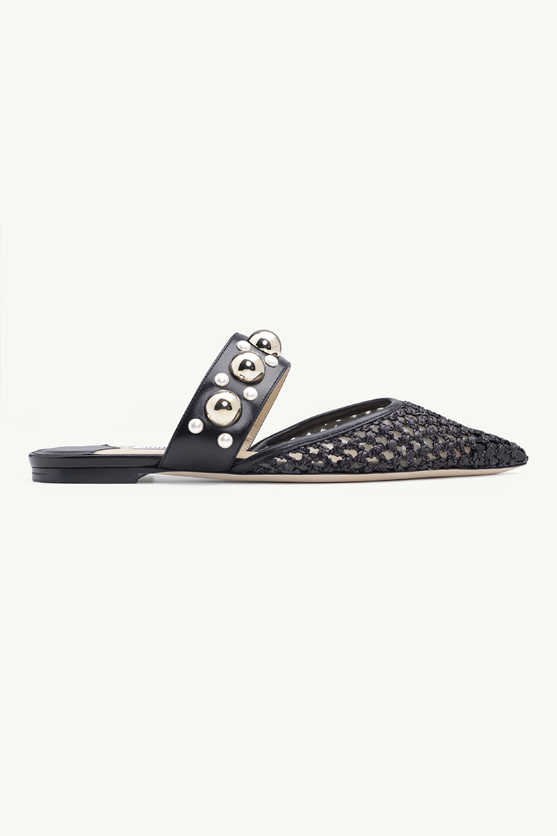 JIMMY CHOO Basette Flat Mules in Black Woven Raffia Net with Pearls x Studs 0