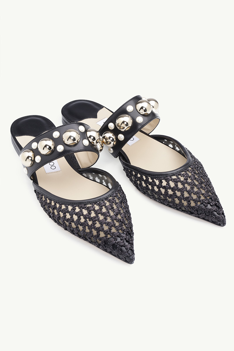 JIMMY CHOO Basette Flat Mules in Black Woven Raffia Net with Pearls x Studs 1