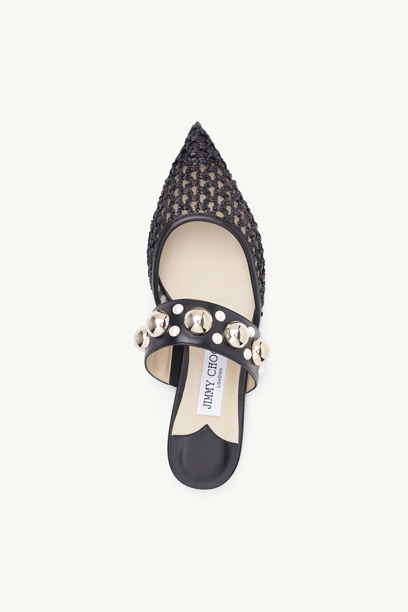 JIMMY CHOO Basette Flat Mules in Black Woven Raffia Net with Pearls x Studs 3