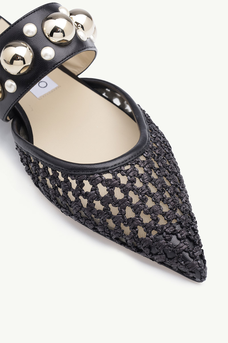 JIMMY CHOO Basette Flat Mules in Black Woven Raffia Net with Pearls x Studs 4