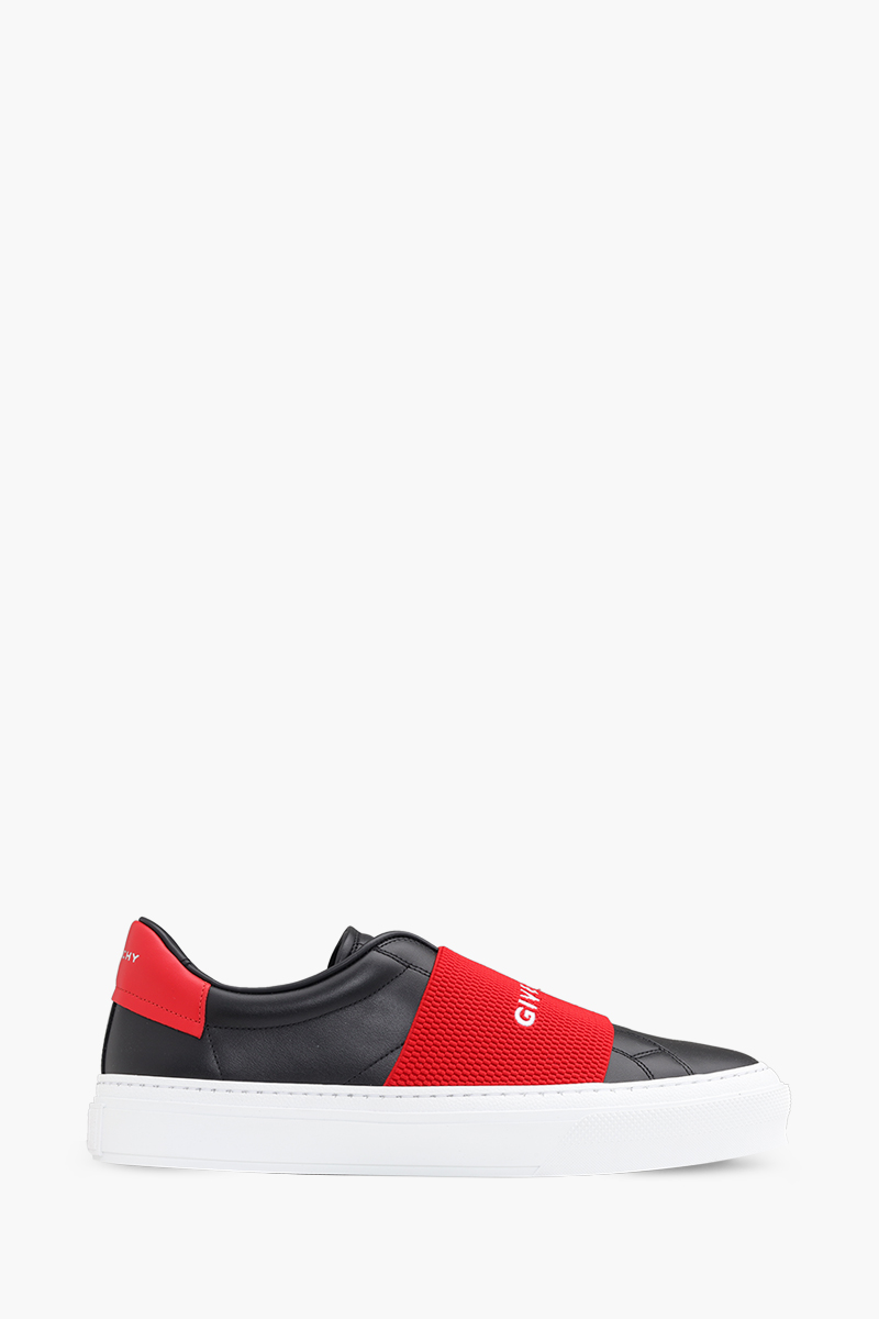GIVENCHY Men City Sport Slip-On Sneakers in Black/White/Red with Textured Elastic Band 0