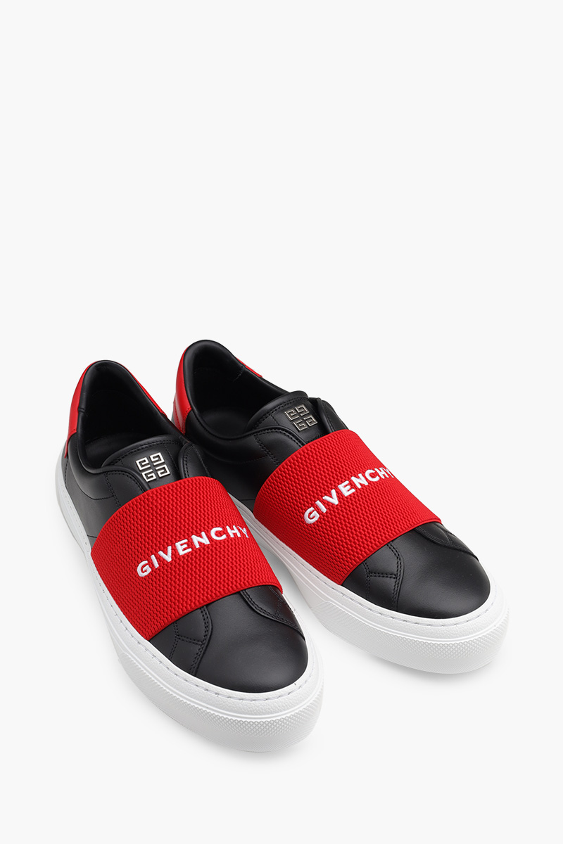 GIVENCHY Men City Sport Slip-On Sneakers in Black/White/Red with Textured Elastic Band 1