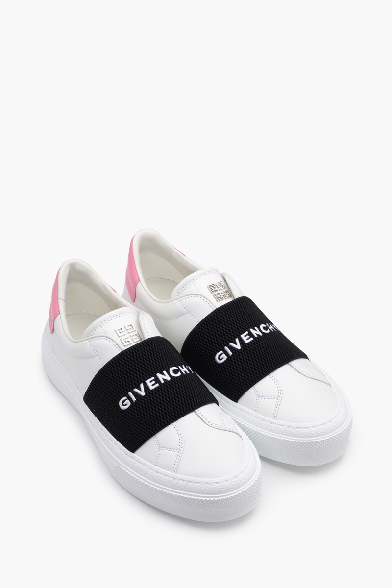 GIVENCHY Women 4G Logo Street Sneakers in White/Black/Pink with Logo Webbing 1