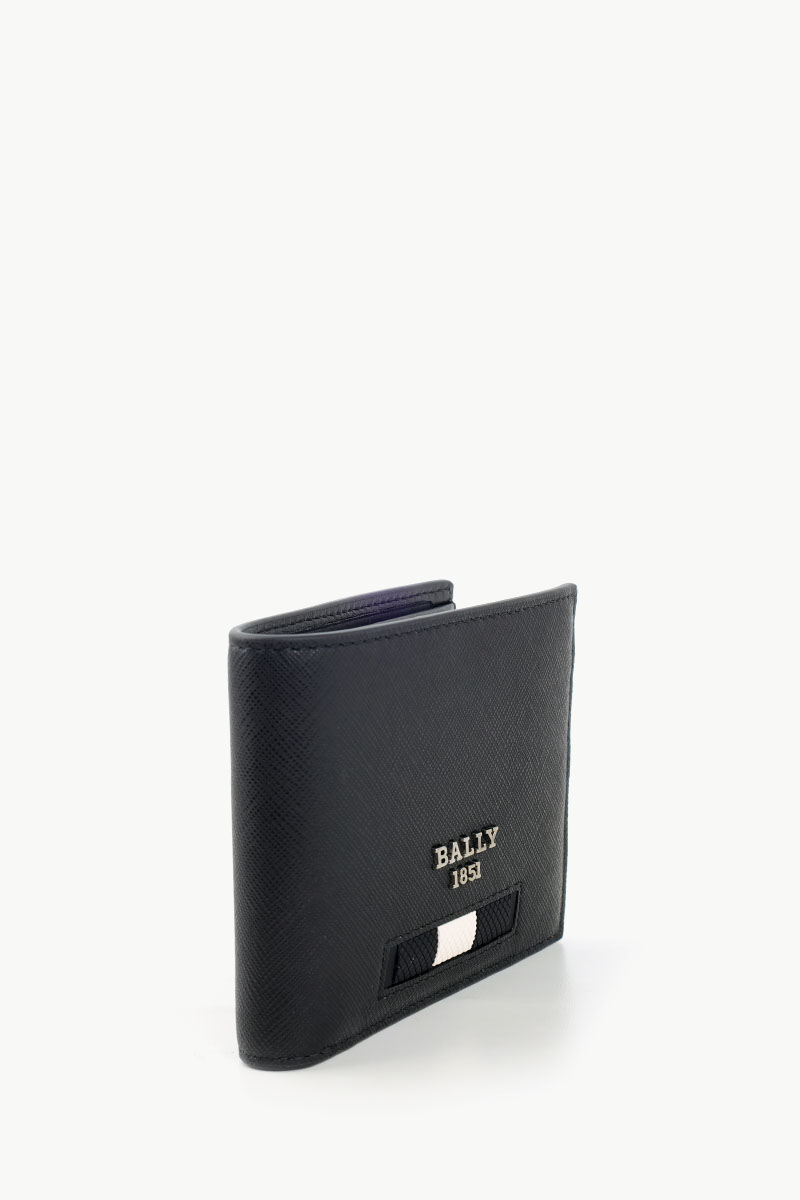 BALLY Men Bevye Bi-fold Wallet in Black with White/Black Stripe 1