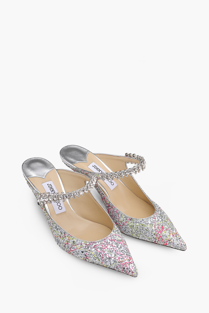 JIMMY CHOO Bing Mules Sandals 65mm in Silver Multicolor Splattered Coarse Glitter Fabric 1