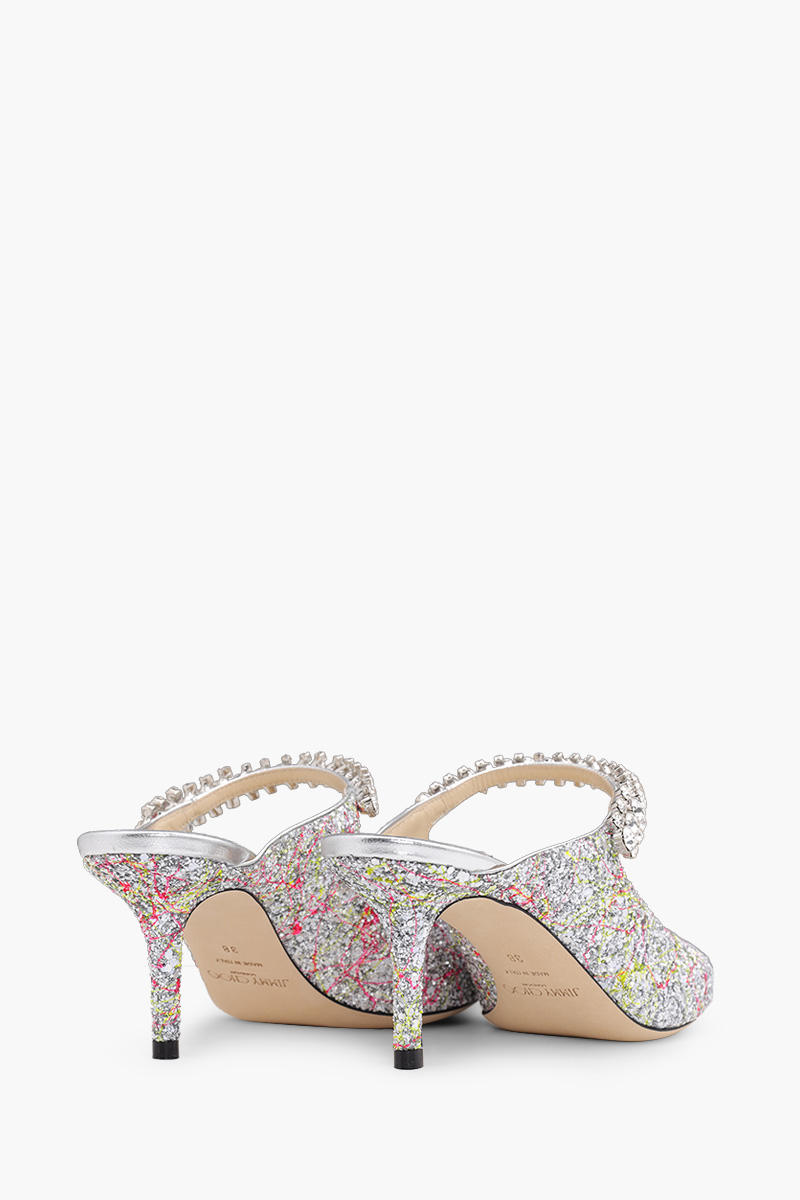 JIMMY CHOO Bing Mules Sandals 65mm in Silver Multicolor Splattered Coarse Glitter Fabric 2