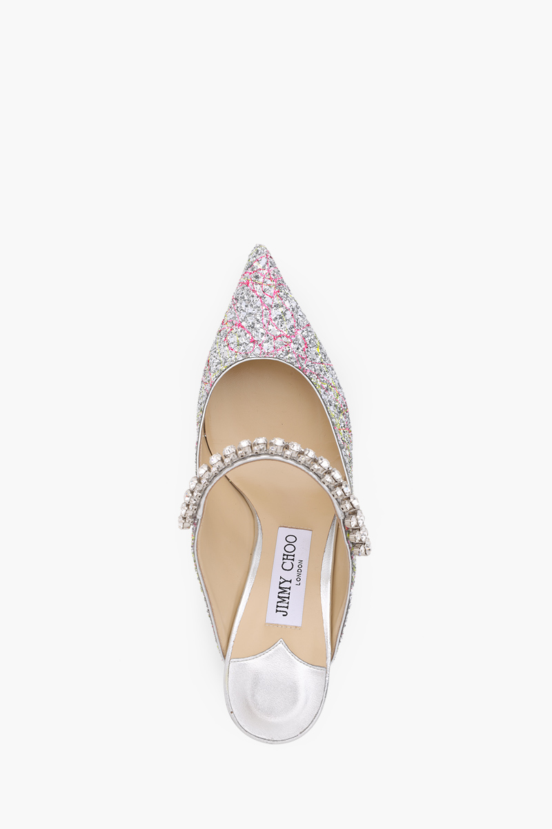 JIMMY CHOO Bing Mules Sandals 65mm in Silver Multicolor Splattered Coarse Glitter Fabric 3