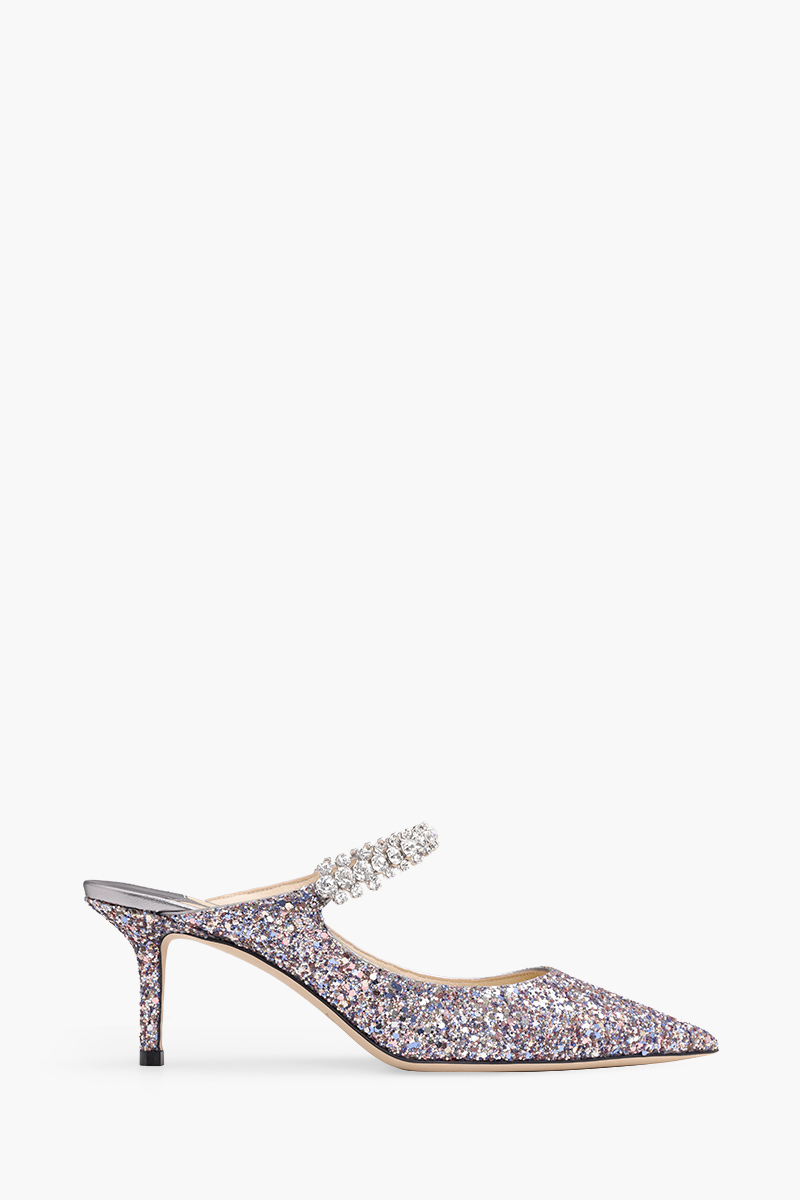 JIMMY CHOO Bing Mules 65mm in Metallic Silver Glitter with Crystal Strap 0