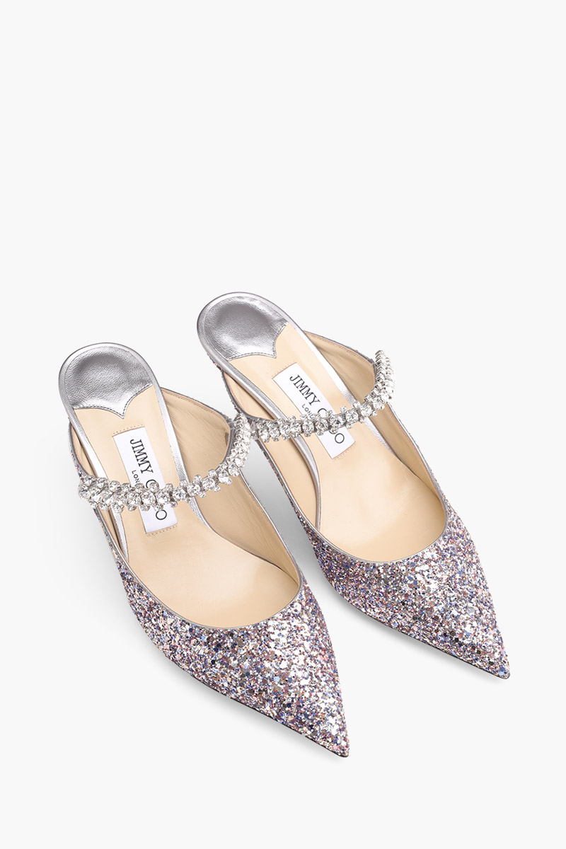 JIMMY CHOO Bing Mules 65mm in Metallic Silver Glitter with Crystal Strap 1