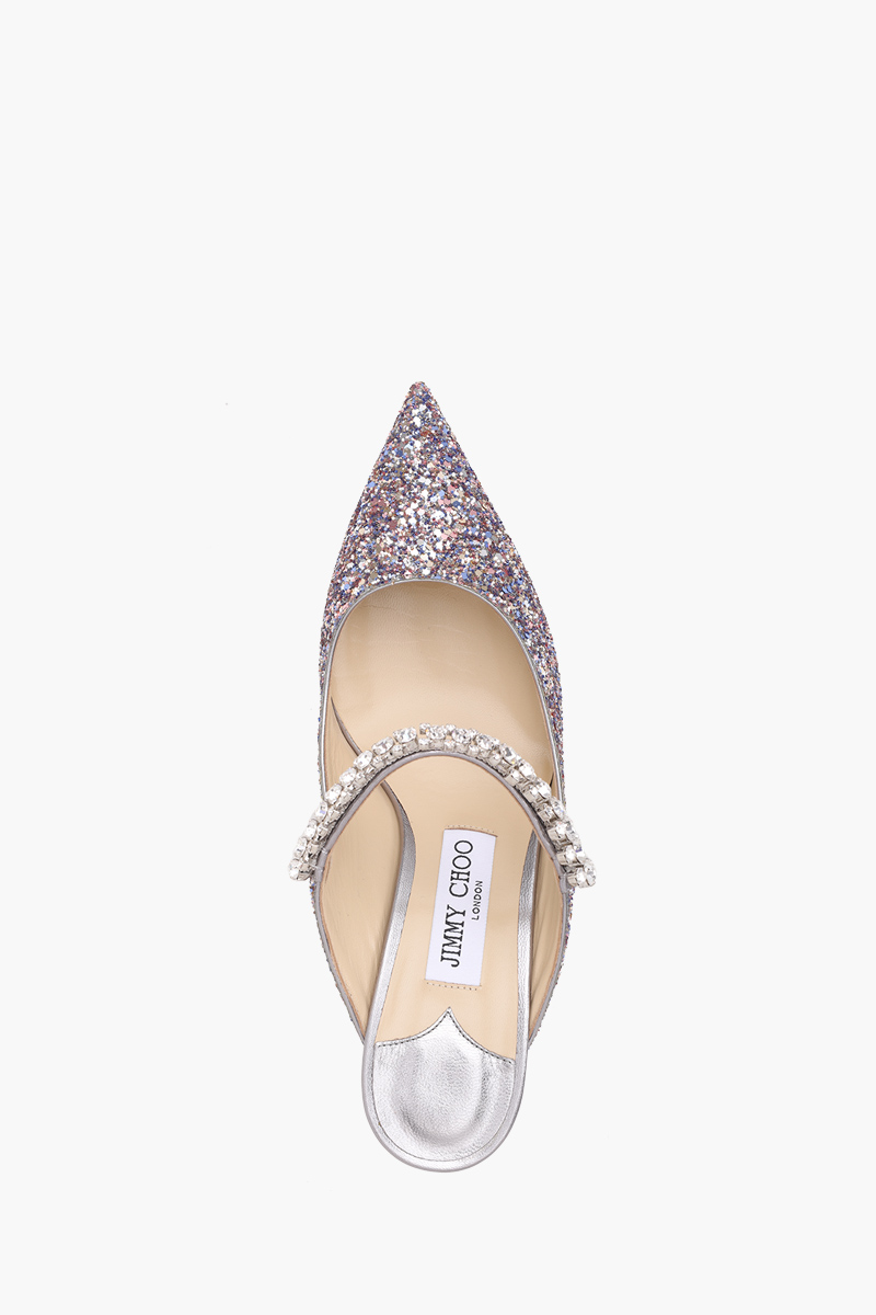 JIMMY CHOO Bing Mules 65mm in Metallic Silver Glitter with Crystal Strap 3