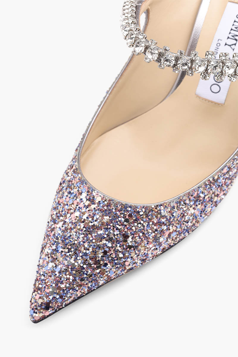 JIMMY CHOO Bing Mules 65mm in Metallic Silver Glitter with Crystal Strap 4