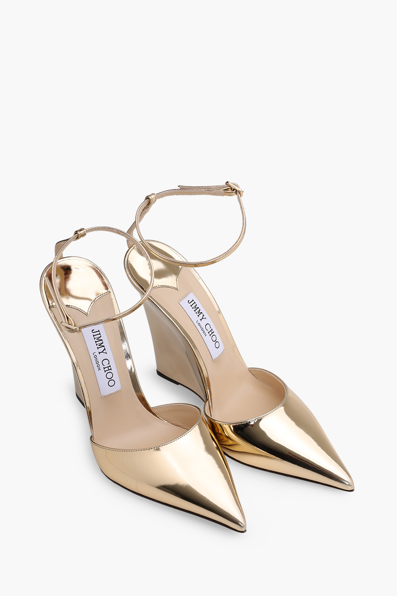 JIMMY CHOO Blake Ankle Strap Wedge Pump 110mm in Gold Liquid Metal Leather 1