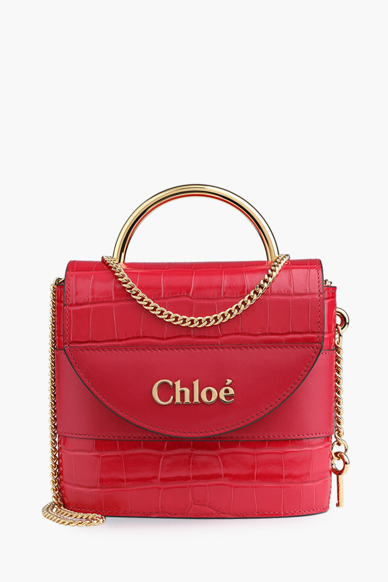 CHLOE Small Abylock Top Handle Bag in Crimson Pink Croco Leather with Chain Strap 0