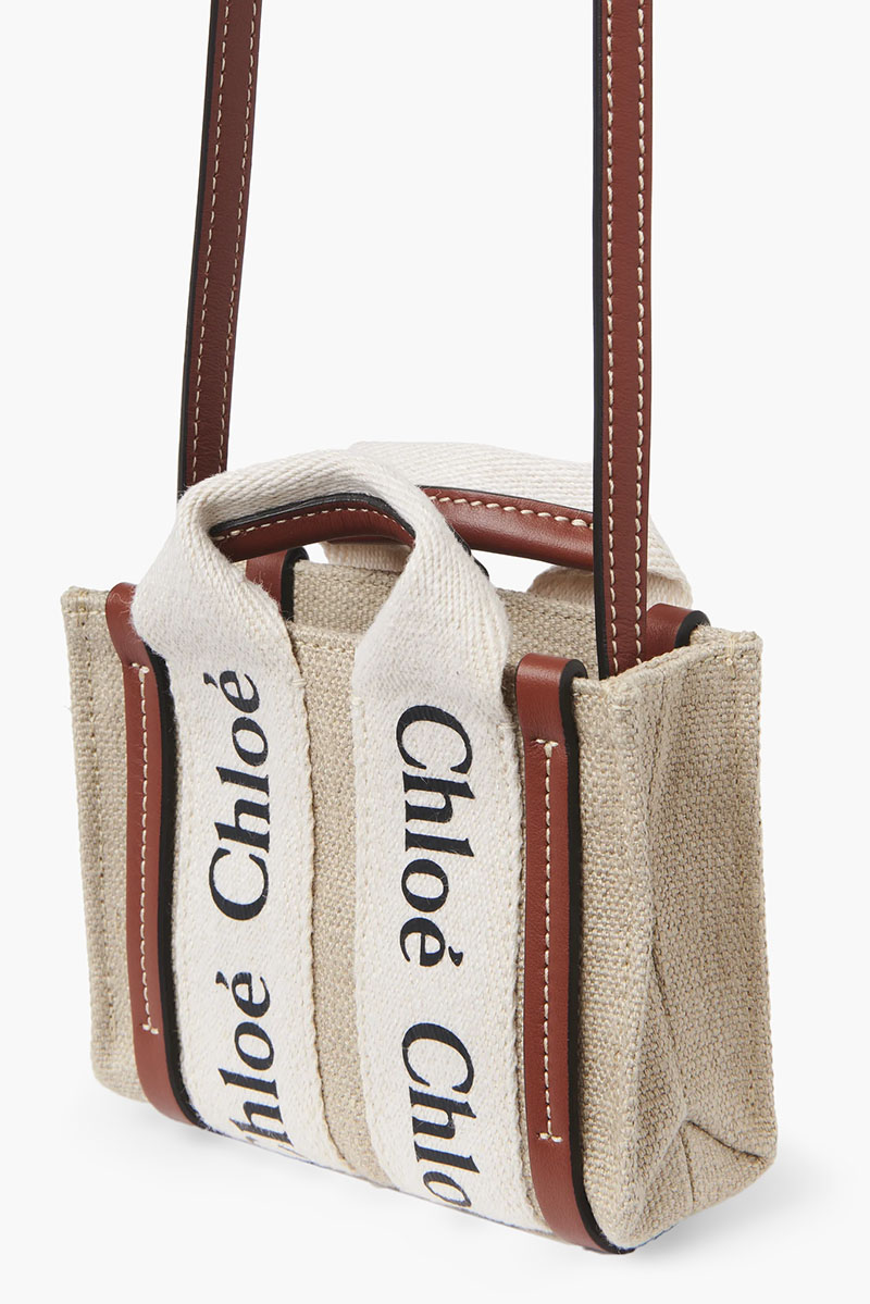 CHLOE Nano Woody Tote Bag in White/Brown Linen x Shiny Calfskin 1