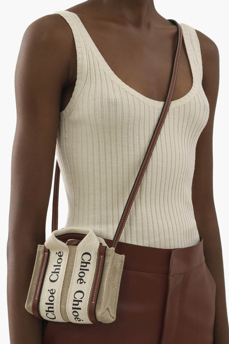 CHLOE Nano Woody Tote Bag in White/Brown Linen x Shiny Calfskin 3