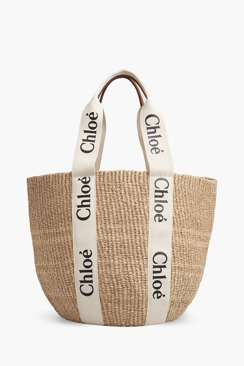 CHLOE Large Woody Basket Bag in White/Tan Linen x Shiny Calfskin 0