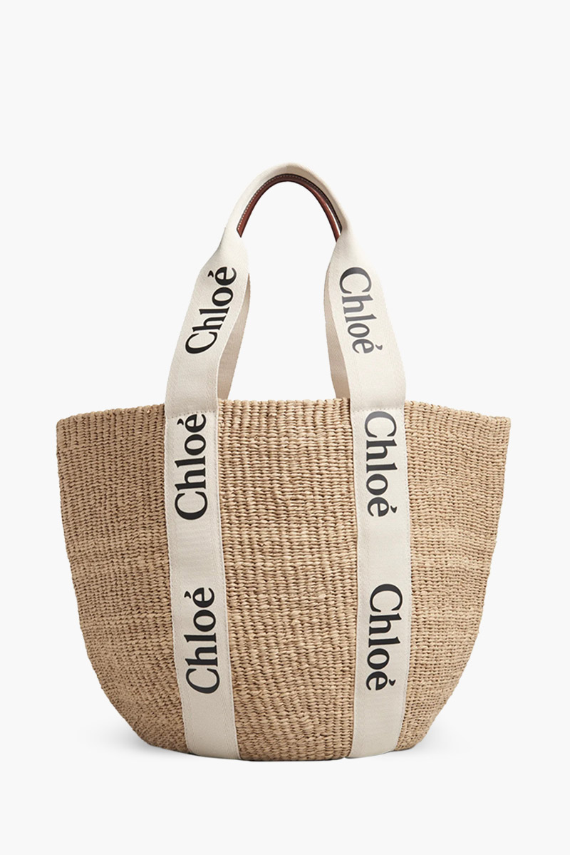 CHLOE Large Woody Basket Bag in White/Tan Linen x Shiny Calfskin 1